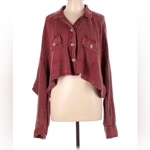 Cropped Waffle-Knit Button-Up Top in Dusty Rose